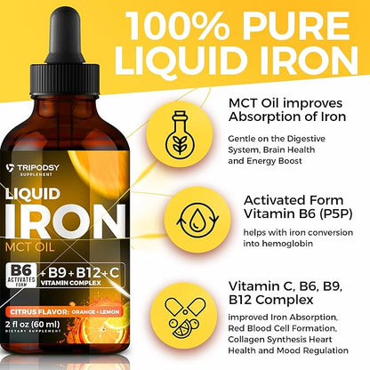 Liquid Iron Supplement for Women and Men - Iron Drops with B6, B9, B12, Vitamin C, Iron Vitamin for Anemia, Blood Builder, Folate for Red Blood Cell and Immune Support MCT Oil (2 Fl Oz, Citrus)