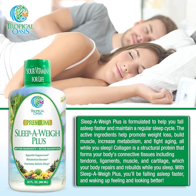 Sleep-A-Weigh Plus | Liquid Sleep Multimineral | Natural Sleep, Stress & Weight Loss Aid | w/Collagen, L-Carnitine, L-Lysine, Tonalin CLA, Apple Cider Vinegar, 5-HTP, Vitamins | Non-GMO | 32 Serv
