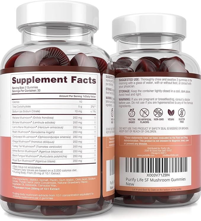 Sugar-Free Mushroom Complex Gummies - Potent 10x Mushroom Supplement with Lions Mane, Chaga, Reishi, Cordyceps (2500mg) Natural Stress Support Calm Gummies, Nootropic Focus Gummies, No Sugar or Pills