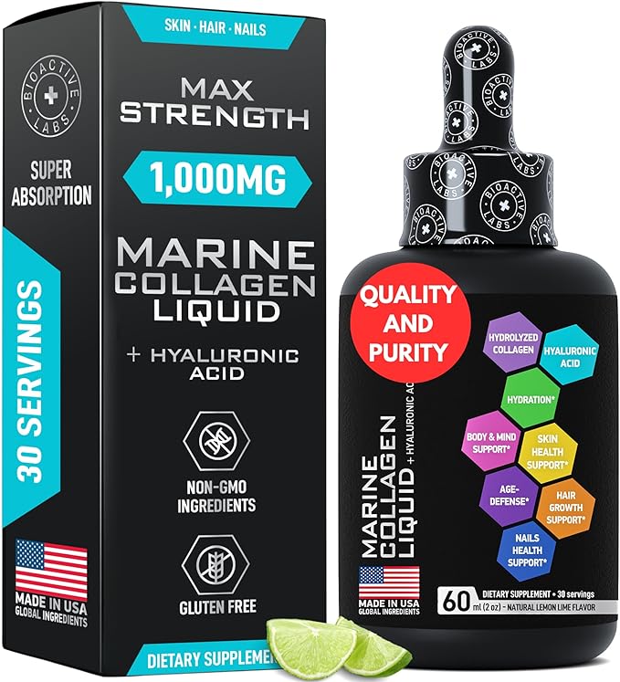 Liquid Marine Collagen Peptides with 10mg Hyaluronic Acid Supplement - 1,000mg Hydrolyzed Collagen Drops for Skin, Hair, Joints Support - Liquid Collagen For Women And Men - 30-Day Collagen Drink