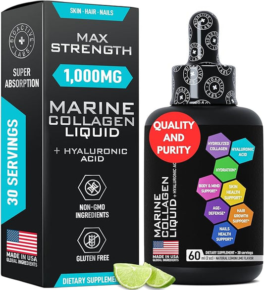 Liquid Marine Collagen Peptides with 10mg Hyaluronic Acid Supplement - 1,000mg Hydrolyzed Collagen Drops for Skin, Hair, Joints Support - Liquid Collagen For Women And Men - 30-Day Collagen Drink