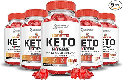 (5 Pack) Ignite Keto ACV Gummies Extreme 2000MG Advanced Ignite Keto Gummies Apple Cider Vinegar Formulated with Pomegranate Beet Juice Powder B12 Vegan Non GMO 300 Gummys