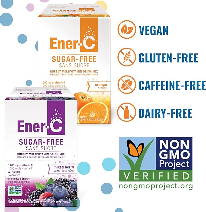 Ener-C Sugar Free Energy Mixed Berry & Orange Multivitamin Drink Mix Vitamin C 1000mg & Electrolytes - Natural Immunity Support with Real Fruit Juice Powders Non-GMO Vegan & Gluten Free - 60 Count