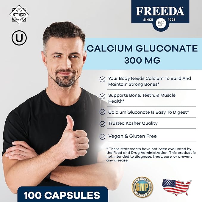 Freeda Calcium Gluconate - Kosher Vegan Calcium Supplement for Women & Men - Easy to Digest - Bone Health Supplement & Joint Support - Pure Calcium Supplement Without Vitamin D (100 Capsules)