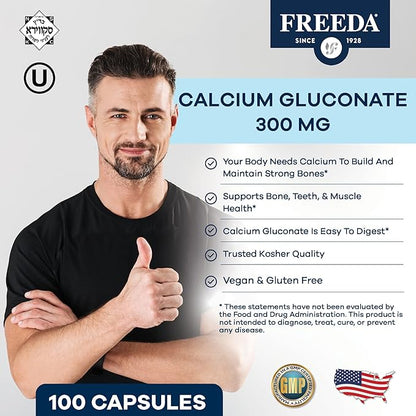 Freeda Calcium Gluconate - Kosher Vegan Calcium Supplement for Women & Men - Easy to Digest - Bone Health Supplement & Joint Support - Pure Calcium Supplement Without Vitamin D (500 Capsules)