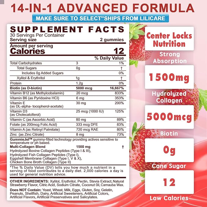 2Pack Sugar-Free Hydrolyzed Collagen Peptide Filled Gummies, with 1500mg Protein Type I,II,III,V,X with 5000mcg Biotin Vitamin C A E D3 B6 B12 for Immune Digestion Skin Hair Nails Energy Bone Joint