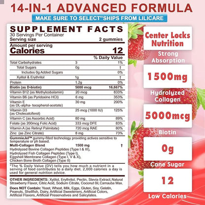 2Pack Sugar-Free Hydrolyzed Collagen Peptide Filled Gummies, with 1500mg Protein Type I,II,III,V,X with 5000mcg Biotin Vitamin C A E D3 B6 B12 for Immune Digestion Skin Hair Nails Energy Bone Joint