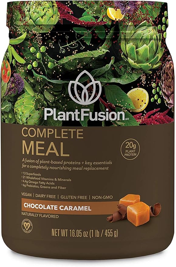 PlantFusion Complete Meal Replacement Shake - Plant Based Protein Powder with Superfoods, Greens & Probiotics - Vegan, Gluten Free, Soy Free, Non-Dairy, No Sugar, Non-GMO - Chocolate Caramel 1 lb