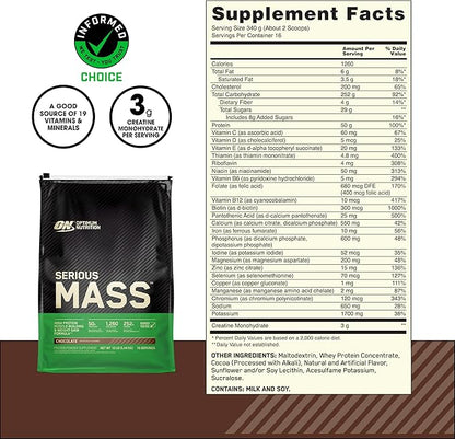 Optimum Nutrition Serious Mass, Weight Gainer Protein Powder, Mass Gainer, Vitamin C and Zinc for Immune Support, Creatine, Chocolate, 12 Pound (Packaging May Vary)