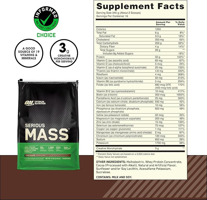 Optimum Nutrition Serious Mass, Weight Gainer Protein Powder, Mass Gainer, Vitamin C and Zinc for Immune Support, Creatine, Chocolate, 12 Pound (Packaging May Vary)