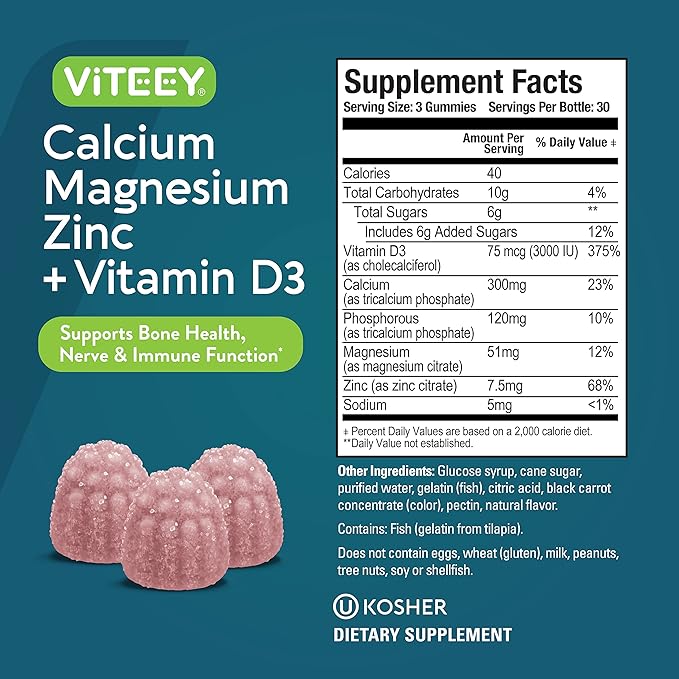 Calcium Magnesium Zinc Gummies with Vitamin D3 - Supports Bone Health, Nerve & Immune Function - Calcium Magnesium Zinc D3 Supplement for Adults & Teens - GMO Free - Chewable Raspberry Flavored Gummy