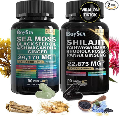 Boysea.Sea Moss and shilajit Bundle - 90 Count - Sea Moss 7000mg, Black Seed Oil 4000mg, Ashwagandha 2000mg, Ginger & Shilajit 9000mg, Rhodiola Rosea 1000mg, All in 1 Supplements (1 Pack)