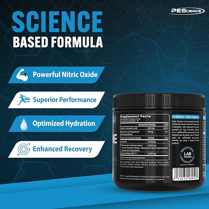 PEScience High Volume Nitric Oxide Booster Pump Pre Workout Powder, Guava Pineapple Punch, 36 Scoops, Caffeine Free