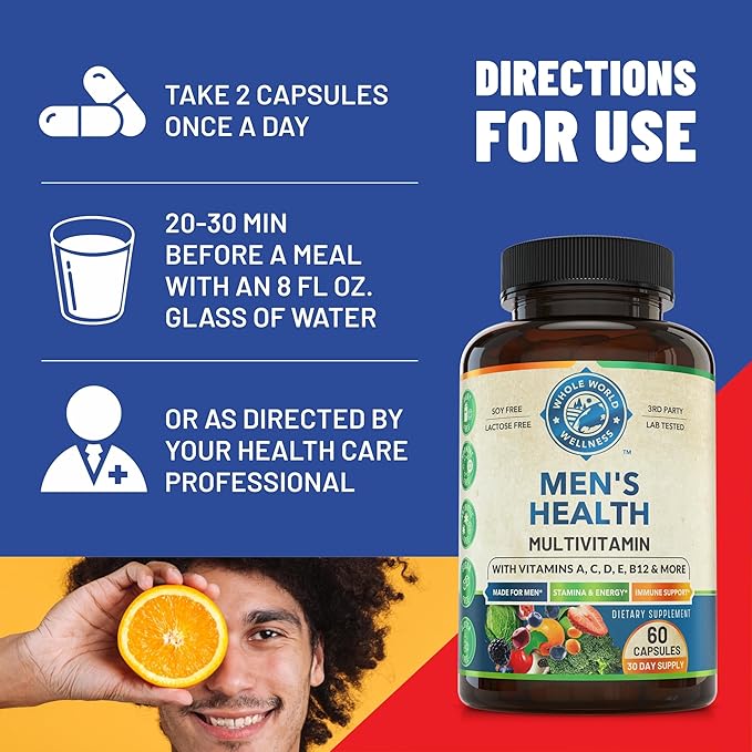 Mens Daily Multivitamin Multimineral Supplement for Energy, Focus, Stamina & Performance. Made for Men with 30+ Nutrients, Fruit & Energy Blend. Mens Vitamins USA Made 60 Capsules