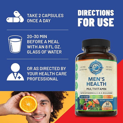 Mens Daily Multivitamin Multimineral Supplement for Energy, Focus, Stamina & Performance. Made for Men with 30+ Nutrients, Fruit & Energy Blend. Mens Vitamins USA Made 60 Capsules