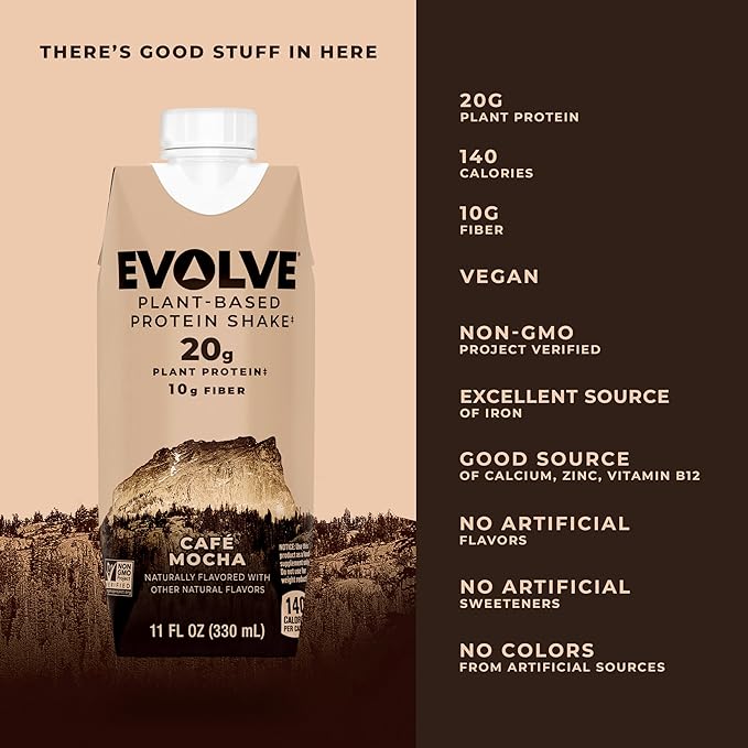 Evolve Plant Based Protein Shake, Café Mocha, 20g Vegan Protein, Dairy Free, No Artificial Sweeteners, Non-GMO, 10g Fiber, 11oz, (12 Pack) (Formula May Vary)