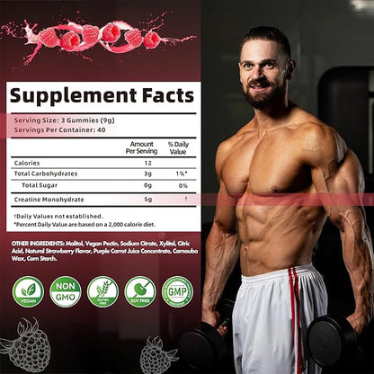 Creatine Monohydrate Gummies for Men & Women-5g of Creatine Monohydrate per Serving - Sugar Free,Vegan, Raspberry Flavor, 120 Count