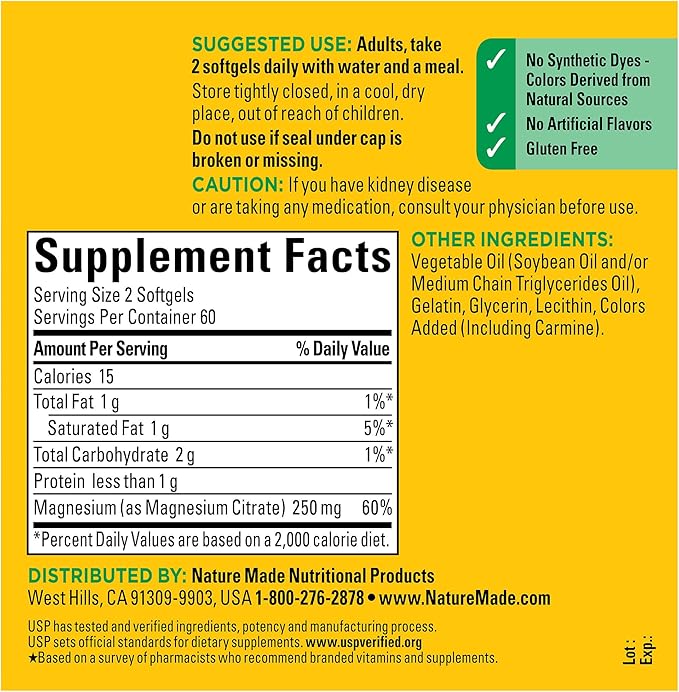 Nature Made Magnesium Citrate 250 mg per serving, Magnesium Supplement for Muscle, Nerve, Bone and Heart Support, 120 Softgels, 60 Day Supply