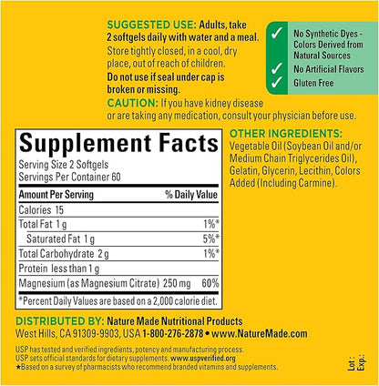 Nature Made Magnesium Citrate 250 mg per serving, Magnesium Supplement for Muscle, Nerve, Bone and Heart Support, 120 Softgels, 60 Day Supply