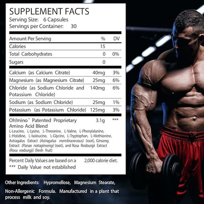 Oh!mino Amino Acids Supplement, Ultimate Muscle Synthesis Activator, Pre and Post Workout Vitamins for Body Conditioning and Muscle Recovery, 180 Vegan Muscle Builder Capsules - Oh!Nutrition