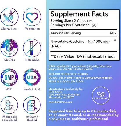 NAC Supplement N-Acetyl Cysteine 1000 mg, Amino Acid, Natural Antioxidant, Support for Liver, Lung, Immune System, Fertility | 120 N-Acetyl-L-Cysteine Capsule