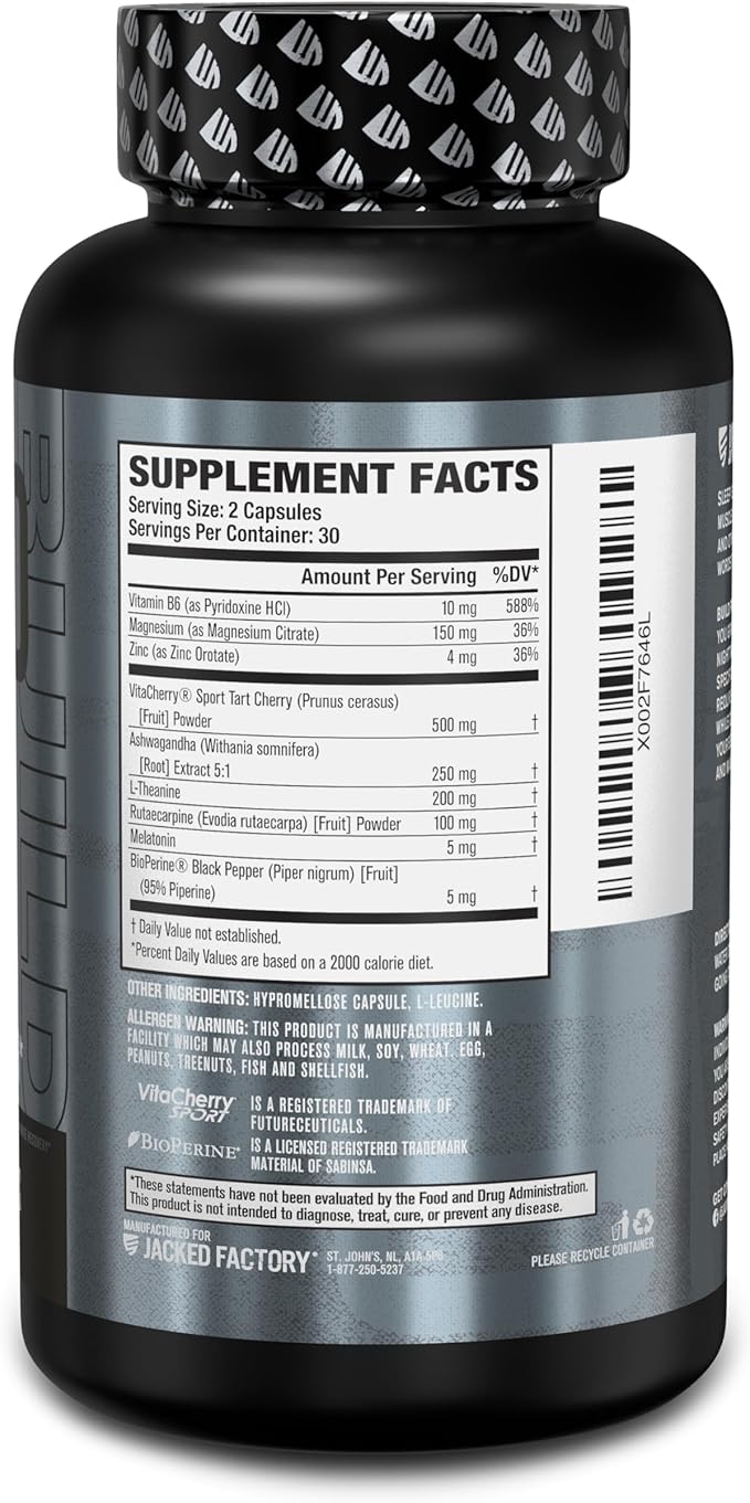Jacked Factory Build PM Night Time Muscle Builder & Sleep Aid - Post Workout Recovery & Sleep Support Supplement w/VitaCherry Tart Cherry, Ashwagandha, & Melatonin - 60 Natural Veggie Pills