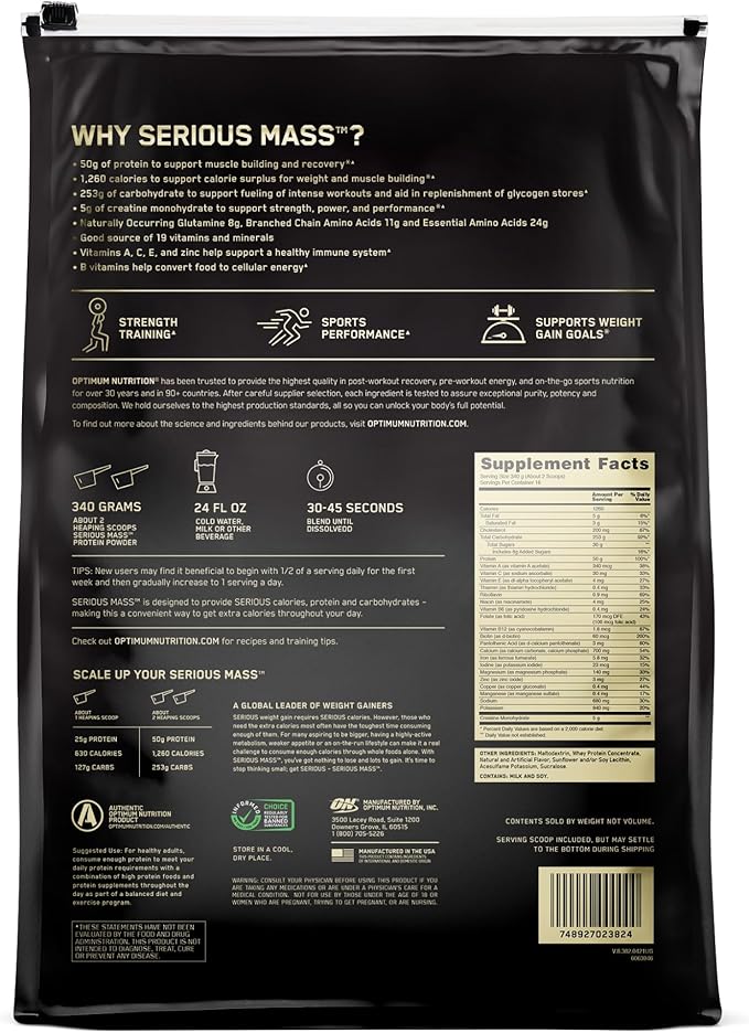 Optimum Nutrition Serious Mass Weight Gainer Protein Powder, Vitamin C and Zinc for Immune Support, Vanilla, 12 Pound (Packaging May Vary)