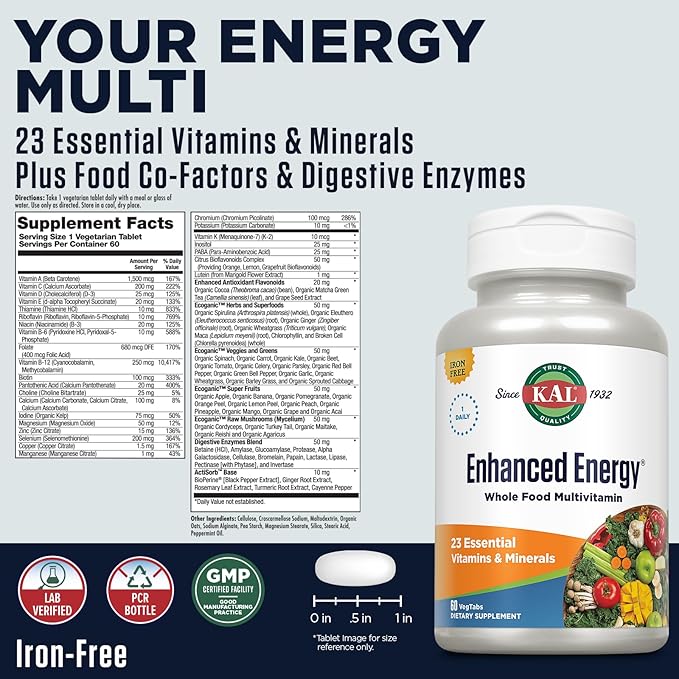 KAL Enhanced Energy Supplements, Once Daily Whole Food Multivitamin for Women and Men, Iron Free, 23 Essential Vitamins, Minerals, Super Foods, Digestive Enzymes, 60-Day Guarantee, 60 Serv, 60 VegTabs