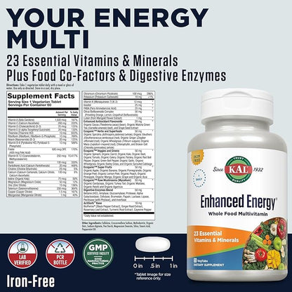 KAL Enhanced Energy Supplements, Once Daily Whole Food Multivitamin for Women and Men, Iron Free, 23 Essential Vitamins, Minerals, Super Foods, Digestive Enzymes, 60-Day Guarantee, 60 Serv, 60 VegTabs