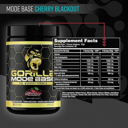 Gorilla Mode Base Pre Workout - Raises Nitric Oxide · Intense Focus & Drive · Endurance · Power - L-Citrulline, L-Tyrosine, Betaine, Alpha-GPC, Caffeine, Huperzine A - 360 Grams (Cherry Blackout)