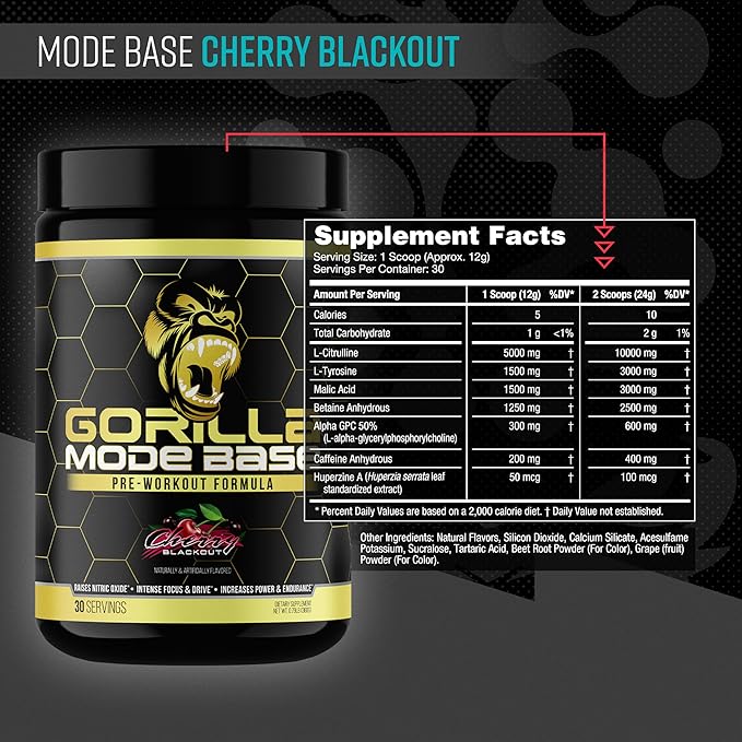 Gorilla Mode Base Pre Workout - Raises Nitric Oxide · Intense Focus & Drive · Endurance · Power - L-Citrulline, L-Tyrosine, Betaine, Alpha-GPC, Caffeine, Huperzine A - 360 Grams (Cherry Blackout)