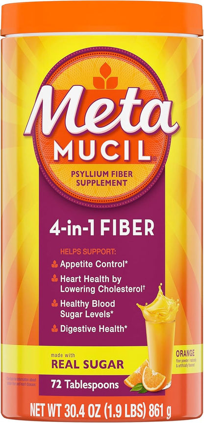 Metamucil Fiber, 4-in-1 Psyllium Fiber Supplement Powder with Real Sugar, Orange Smooth Flavored Drink, 72 Servings (Packaging May Vary), Coarse Texture, 1.9 Pound (Pack of 2)