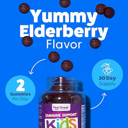 Feel Great Immune Support for Kids | Vitamin C Zinc & Elderberry Gummies for Kids | Sambucus Nigra Immunity Multivitamin for Kids | Vegetarian Multivitamin Gummies | 60 Day Supply