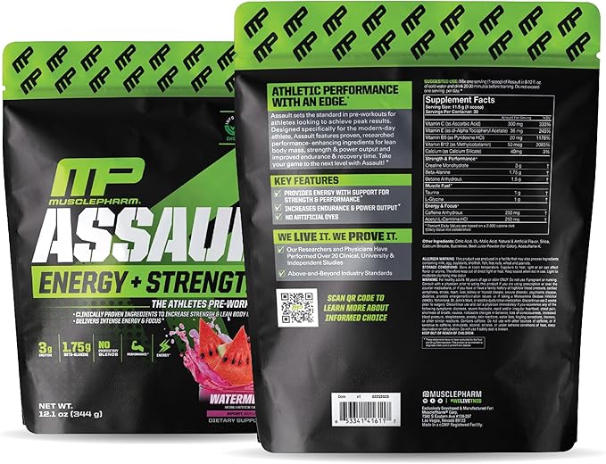 Muscle Pharm Assault Energy & Strength Pre Workout Powder for Men & Women with Beta Alanine, Caffeine, Creatine & Betaine Anhydrous, Pre-Workout Supplements, 30 Servings, Watermelon Flavor