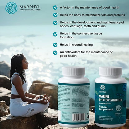 MARPHYL Marine Phytoplankton Wild Multi Species Natural Supplement - 150 mg per Capsule - Organic - 30 Vegan Capsules - from Vancouver Island, Canada