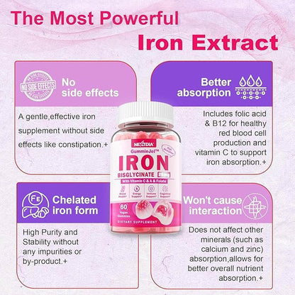 Iron Bisglycinate 26mg Filled Gummies- Gentle Beet Root Iron Gummy plus Vitamin C, Supplement Iron with B12 & Folate for Women & Men, Iron Deficiency, Immune & Energy Support, Sugar-Free, Vegan,120Cts