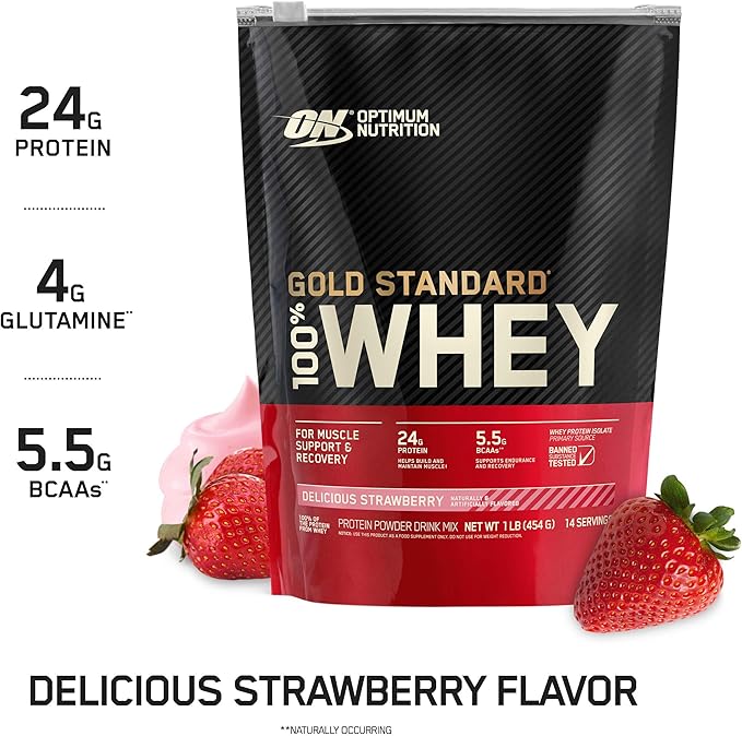 Optimum Nutrition Gold Standard 100% Whey Protein Powder, Strawberry, 1 Pound (Packaging May Vary)