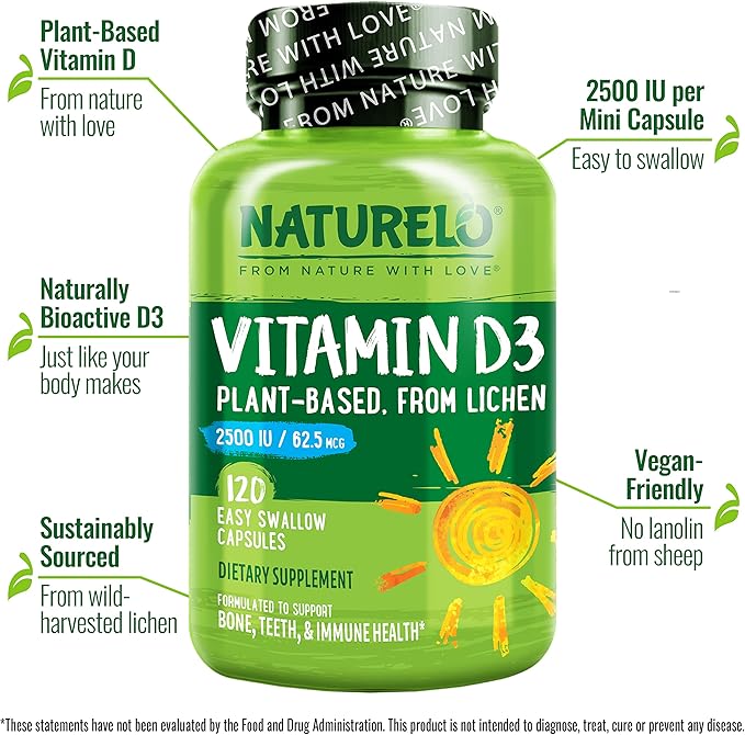 NATURELO Vitamin D - 2500 IU - Plant Based from Lichen - Natural D3 Supplement for Immune System, Bone Support, Joint Health - Vegan - Non-GMO - Gluten Free - 120 Capsules