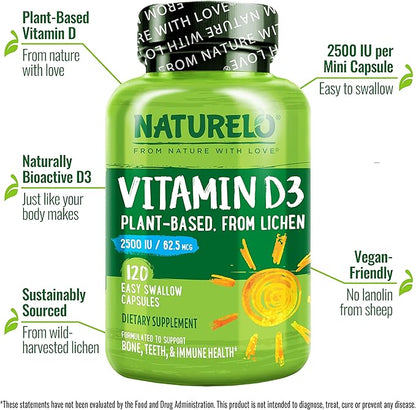 NATURELO Vitamin D - 2500 IU - Plant Based from Lichen - Natural D3 Supplement for Immune System, Bone Support, Joint Health - Vegan - Non-GMO - Gluten Free - 120 Capsules