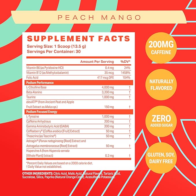 Podium Nutrition, Fuse Pre Workout Powder, Peach Mango, 30 Servings, Beta Alanine and Caffeine for Energy, Gluten Free, Soy Free, Dairy Free