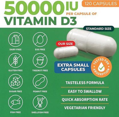 ForestLeaf - Vitamin D3 IU Weekly Supplement - Vitamin D Capsules for Bones, Teeth, and Immune Support - Easy Swallow Pure Vitamin D3 Caps (50,000 IU - 120 Count - 2 Pack)