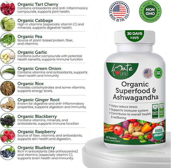 Organic Superfood Greens Fruits and Veggies Complex with Ashwagandha - 2 in 1 Supplement with 14 Greens and 14 Fruits & Vegetables with Organic Ashwagandha Rich in Antioxidants - Non-GMO 90 Tablets