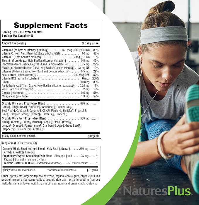 Natures Plus Ultra Juice Multivitamin - 90 Vegetarian Tablets, Bilayered - Whole Food Supplement - Whole Fruits & Vegetables, Antioxidant - Non-GMO, Vegan, Organic, Gluten-Free - 45 Servings