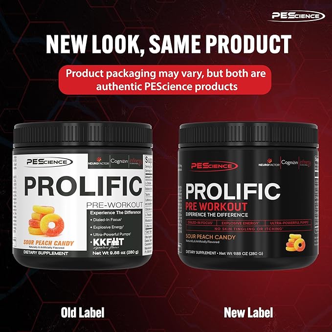 PEScience Prolific Pre Workout Powder, Sour Peach Candy, 40 Scoop, Energy Supplement with Nitric Oxide, KK Fit Signature Flavor