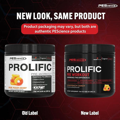 PEScience Prolific Pre Workout Powder, Sour Peach Candy, 40 Scoop, Energy Supplement with Nitric Oxide, KK Fit Signature Flavor