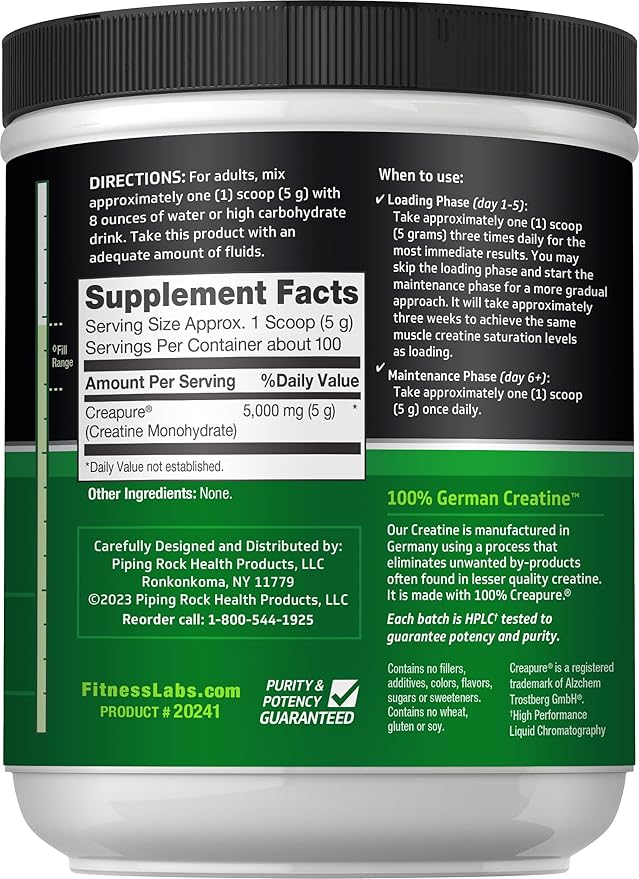 Fitness Labs German Creatine Monohydrate Powder | 1.1 lb | Creapure Fitness Supplement | 100 Servings