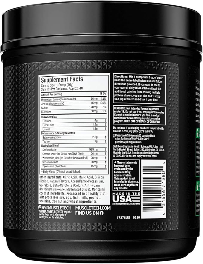 BCAA Amino Acids + Electrolyte Powder, MuscleTech Amino Build, 7g of BCAAs + Electrolytes, Support Muscle Recovery, Build Lean Muscle & Boost Endurance, Tropical Twist (40 Servings)