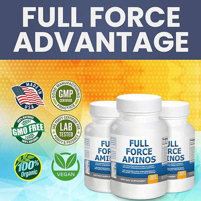 Full Force Amino Acid Supplement, Tissue Building Essential Amino Acids for Workout Recovery. Amino Acids for Performance 5000mg 200 EAA BCAA Tablets