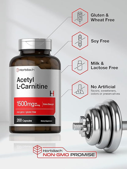 Horbäach Acetyl L-Carnitine 1500mg | 200 Capsules | Extra Strength Supplement | Non-GMO & Gluten Free