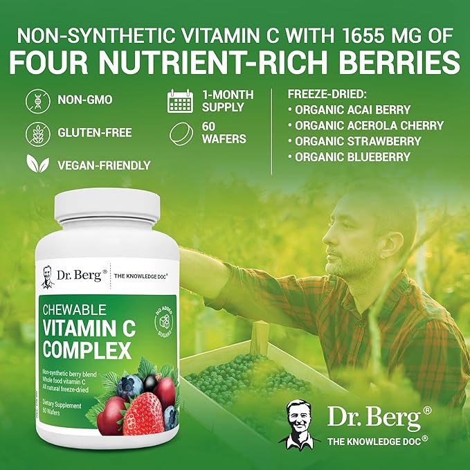 Dr. Berg Chewable Vitamin C Complex - Made with Organic, Non-GMO Berries - 60 Delicious Wafers